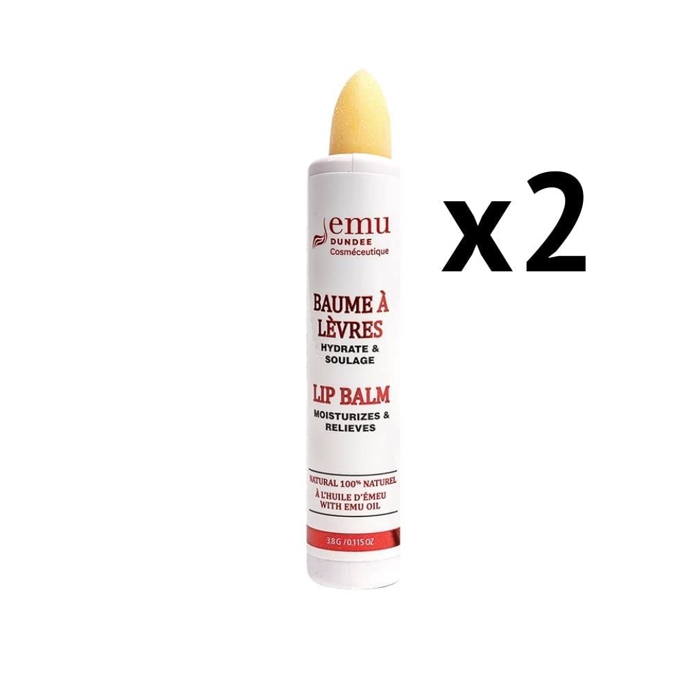 Emu Dundee | 2 Tubes of Natural Lip Balm with Emu Oil, Made in Canada | Relieves, Hydrates and Soothes Dry, Cracked & Chapped Lips | Fragrance Free(2x 3.8g)
