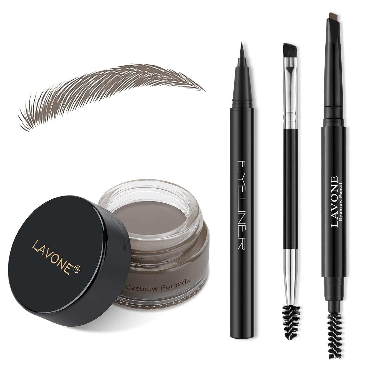 LAVONE Eyebrow Stamp Pencil Kit - Brow Stamp Trio with Waterproof Eyebrow Pencil, Eyeliner, Pomade, Dual-ended Brush - Grey
