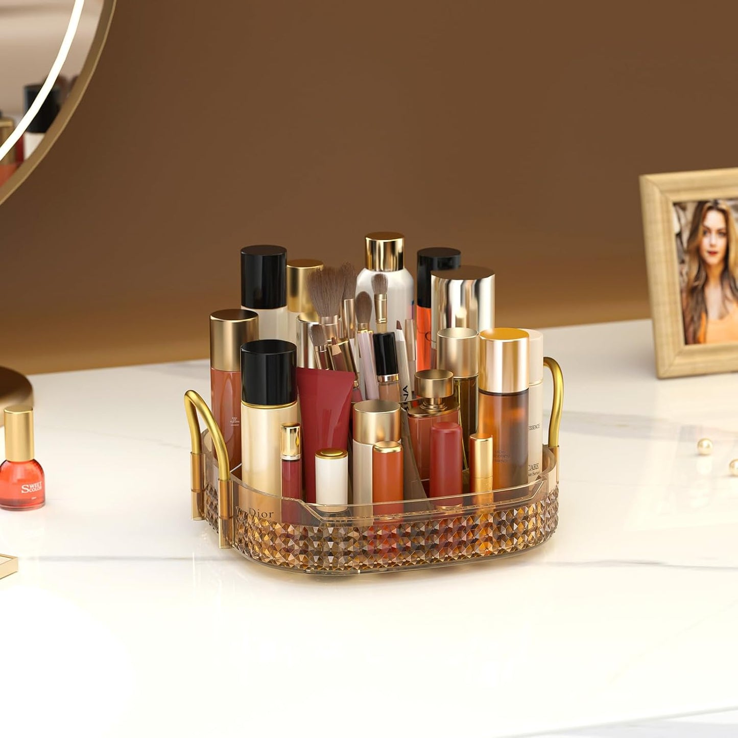 Awenia Rotating Makeup Organizer 360, Stackable Adjustable Large Capacity Cosmetic Storage Unit,Dresser Bathroom Kitchen Countertop Organizer with Metal Handle, Plus Size (Honorable Gold, 1 Tier)