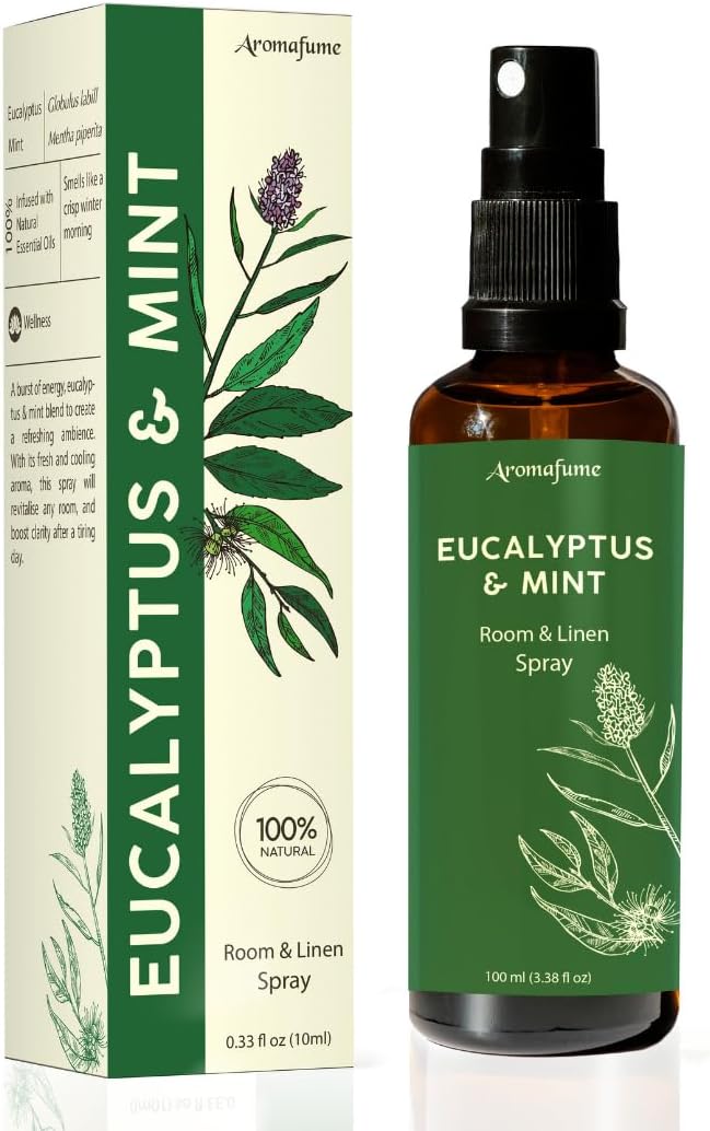 Eucalyptus & Mint Room, Linen & Pillow Spray by Aromafume | 100ml/3.38fl oz | with Pure Eucalyptus & Mint Essential Oil | Aromatherapy | Mist for Bedding, Fabrics