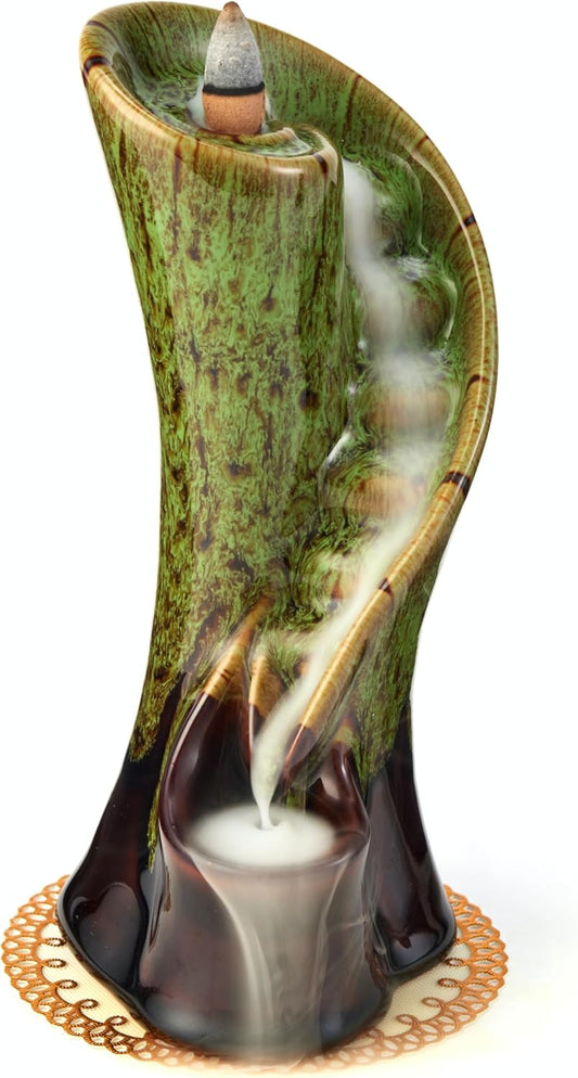 Unique Cloud Stairs Ceramic Waterfall Incense Holder, Paired with a Pack of Backflow Incense Cones. (Fambe Green)