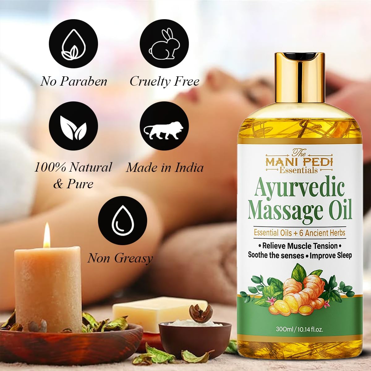 Ayurvedic Massage Oil enriched with Clove, Almond, Lemongrass & Lavender Oils & 6 Ancient Herbs. Relieves Muscle Tensions, Calms Nerves, Soothes. 100% Natural 300ml