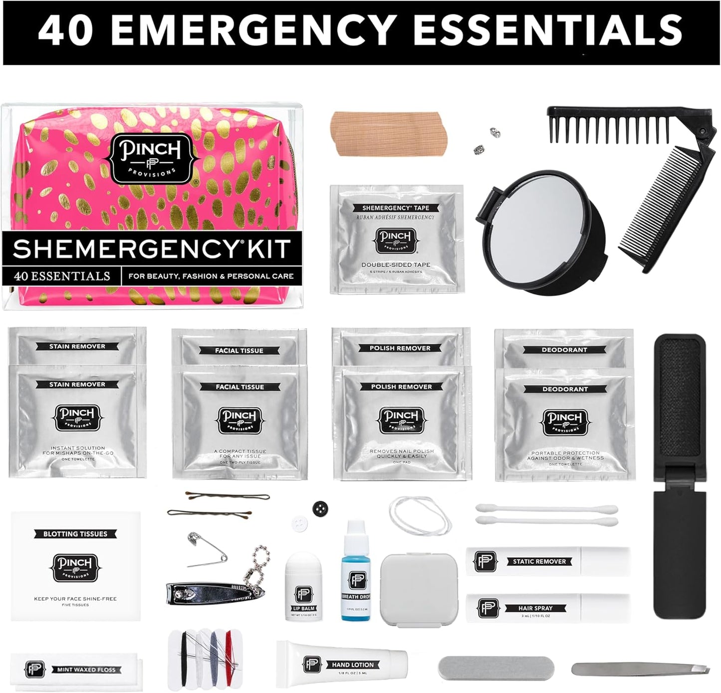 Pinch Provisions Shemergency Kit for Her, 40 Emergency Essential Items, Compact, Multi-Functional Pouch, Gift for Women, Birthday, Bachelorette Parties, and More!