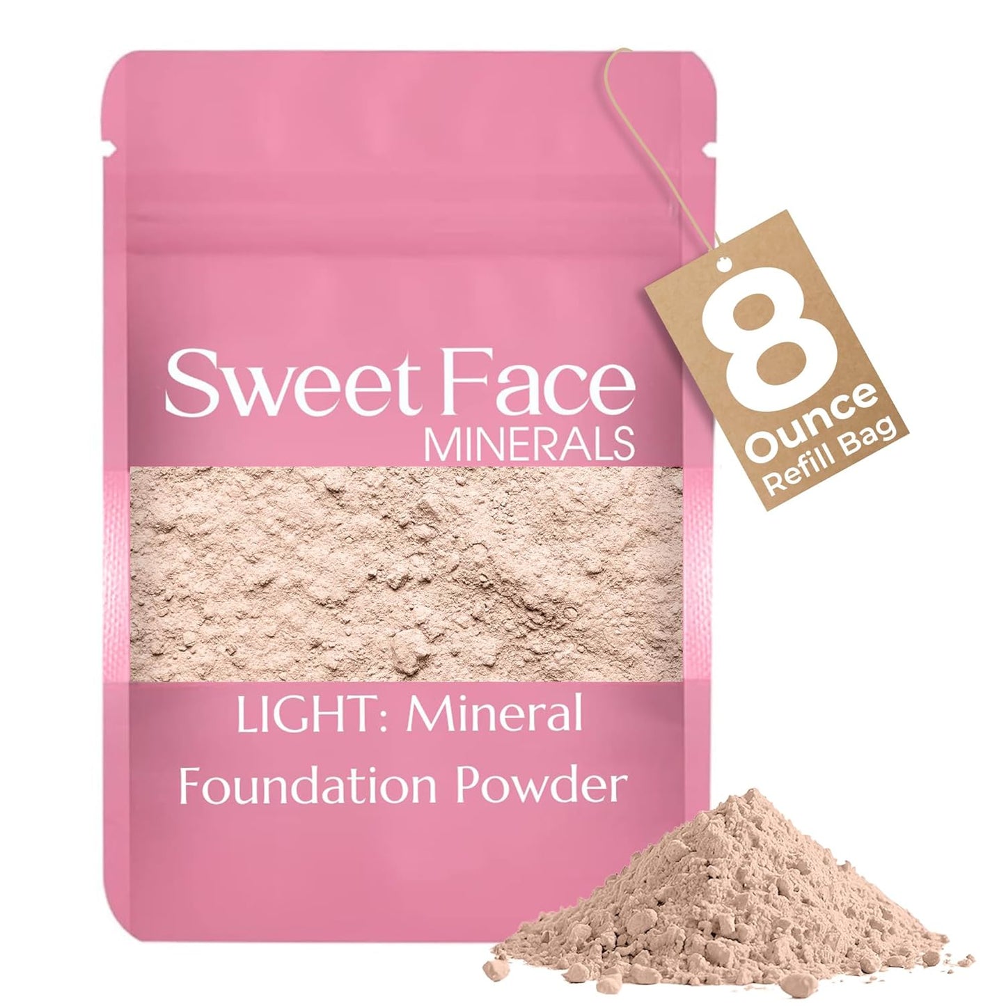 (8 Ounce Bag) (Light) Foundation Powder Refill By Sweet Face Minerals, Lightweight Mineral Loose Makeup Powder with SPF 20, Full Coverage Flawless Finish, Talc-free, Cruelty-Free, Refillable Pouch