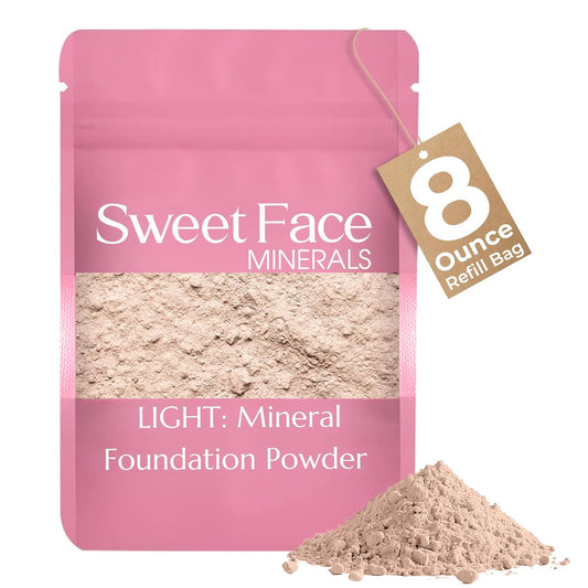 (8 Ounce Bag) (Light) Foundation Powder Refill By Sweet Face Minerals, Lightweight Mineral Loose Makeup Powder with SPF 20, Full Coverage Flawless Finish, Talc-free, Cruelty-Free, Refillable Pouch