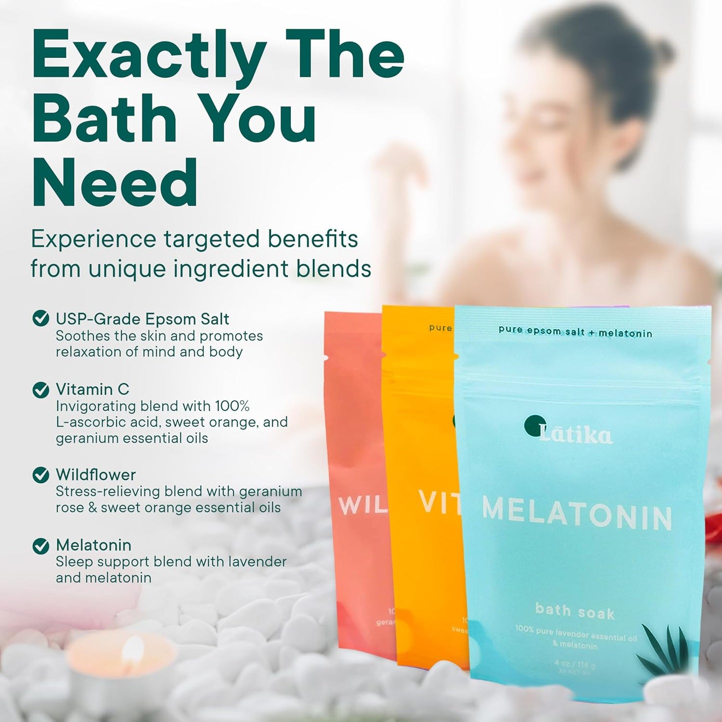 Soaks Set of 3 - Wildflower, Melatonin, Vitamin C - Moisturizing Bath Soak with Epsom Salt & Essential Oils for Stress Relief, Muscle Recovery, & Relaxation - at-Home Spa